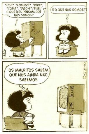 Mafalda (de Quino) criticizes the stimulus to consumption made by advertisements