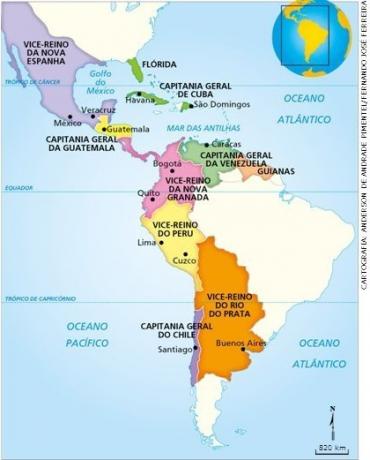 Carte de l'Amérique espagnole après la réforme administrative qui a créé les vice-royautés et les capitaineries générales