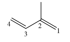 Numrering för strukturen av isopren, ett kolväte, för att indikera dess nomenklatur enligt IUPAC.