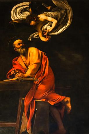 L'ispirazione di San Matteo (1602), del pittore barocco e italiano Caravaggio (1571-1610). [1]