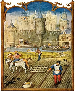 The illumination depicts serfs plowing the land of a feudal lord 