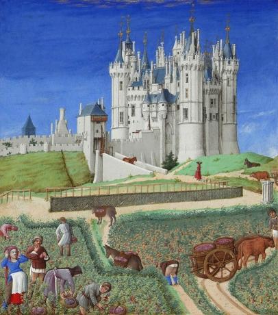 Serfs working the land in front of the feudal lord's castle