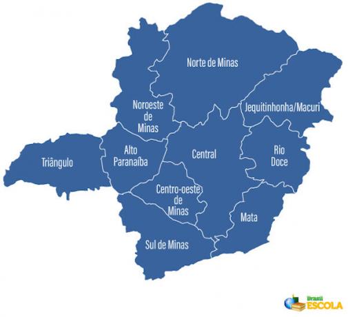 ミナスジェライス州の地域区分の地図。