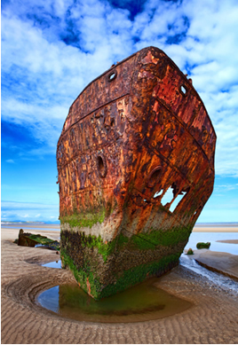 Rust on metal ship that suffered electrochemical corrosion