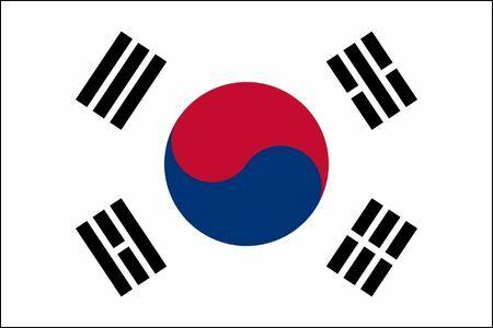 Flag of South Korea, in black and white, with a blue and red circle in the center. 