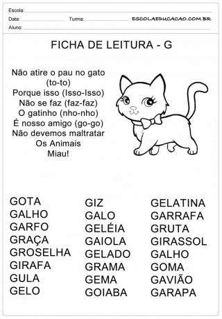 Hoja de lectura Letra G - Gato