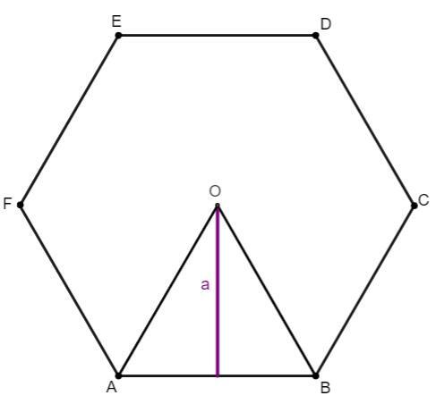 Regular hexagon with apothem outlined in purple.