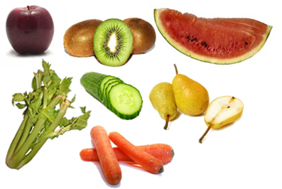 Příklady detergentních potravin: jablko, kiwi, meloun, celer, okurka, hruška a mrkev