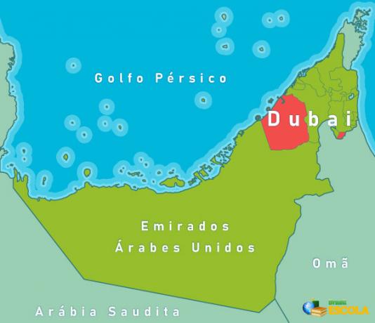 Na mapě je zvýrazněn emirát Dubaj, jeden ze sedmi států, které tvoří Spojené arabské emiráty.