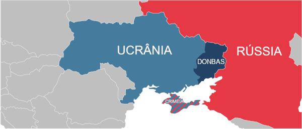 แผนที่แสดงพรมแดนระหว่างรัสเซียและยูเครน ตลอดจนภูมิภาคที่เป็นข้อพิพาทโดยประเทศเหล่านี้ (ดอนบาสและไครเมีย)