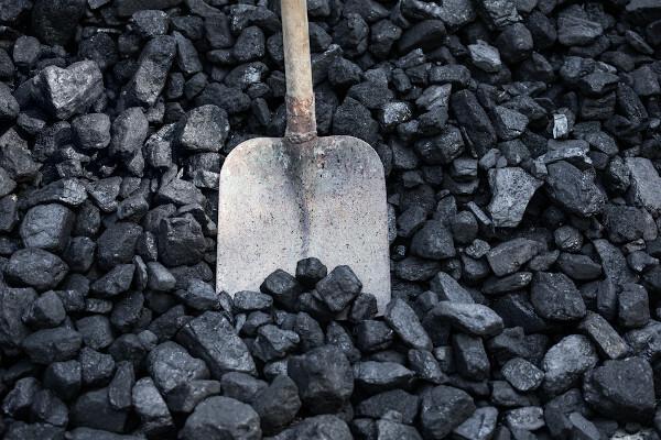 Lopata, zakopana v gomilo premoga, ki velja za mineralno bogastvo.