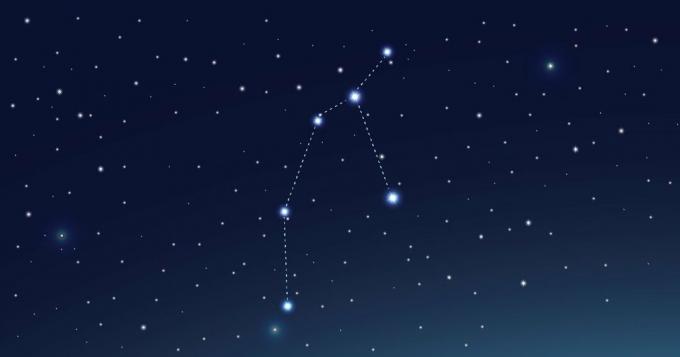 Constellation Persée sur fond bleu foncé et étoiles blanches bleutées.