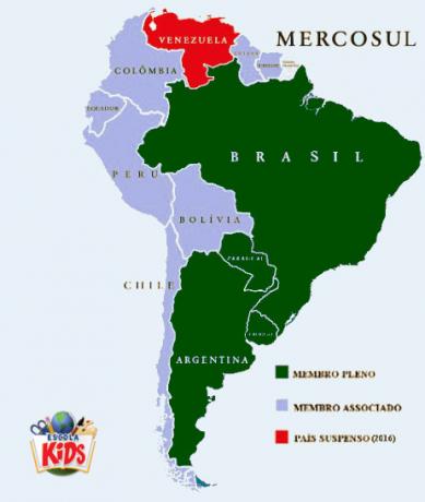 Mapa s členmi, ktorí sú súčasťou združenia Mercosur