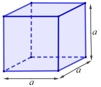 Illustration of a cube with an indication of the edges corresponding to the length, height and width, which are equal.