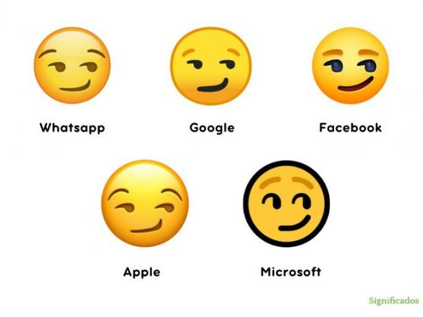 Five ways the sideways smile emoji can appear on WhatsApp, Facebook, Google, Apple, and Microsoft platforms.