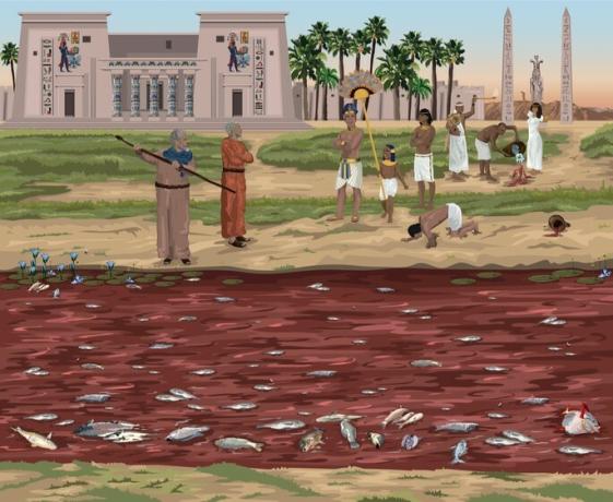 First plague of Egypt: waters turned to blood.