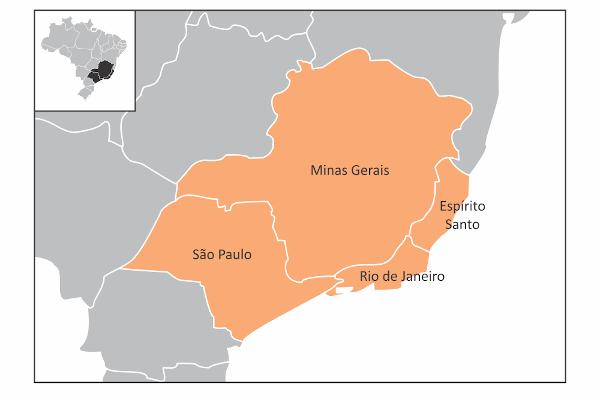Mapa jihovýchodních států a malá mapa Brazílie označující jejich umístění.