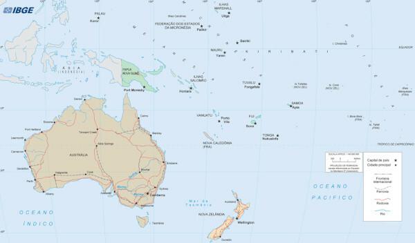 Die Länder, aus denen Ozeanien besteht, liegen zwischen dem Pazifik und dem Indischen Ozean, in der südlichen intertropischen und gemäßigten Zone. (Quelle: IBGE)