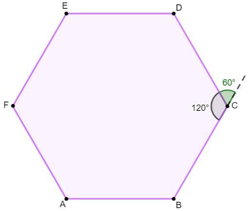 外角の1つを示す六角形。