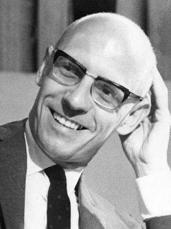 poststructuralist philosopher Michel Foucault in black and white