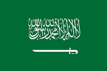 Saudiarabiens flagga, grön med vita detaljer. 