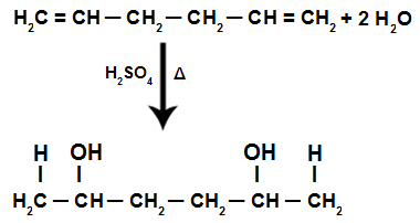 Addition of H+ and OH- in the structure of an alkadiene