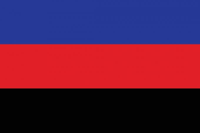 नीले, लाल और काले रंग के साथ पॉलीमोरी झंडा।