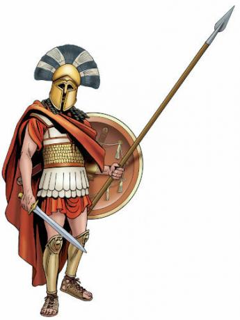 Model of the war garment that a Spartan soldier wore in the Peloponnesian War.