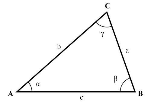 Ilustracija bilo kojeg trokuta koja označava što određuje zakon tangente.