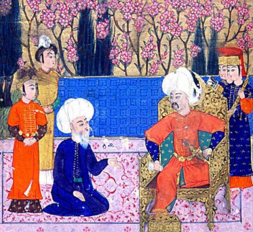 16th century painting depicting Selim I, one of the main caliphs, rulers of a caliphate, sitting on his throne.
