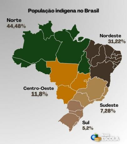 Kaart van Brazilië met het percentage inheemse mensen in elke regio