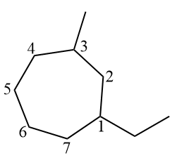 Struktur, die in der Nomenklatur des Kohlenwasserstoffs 1-Ethyl-3-methylcycloheptan, einem Cycloalkan, verwendet wird.
