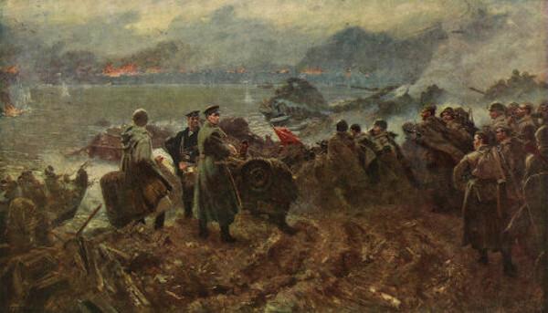Malba zobrazující bitvu o Stalingrad.