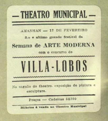 Meddelelse om den sidste præsentation af Week of Modern Art i 1922 under ledelse af musikalske shows af Heitor Villa-Lobos.