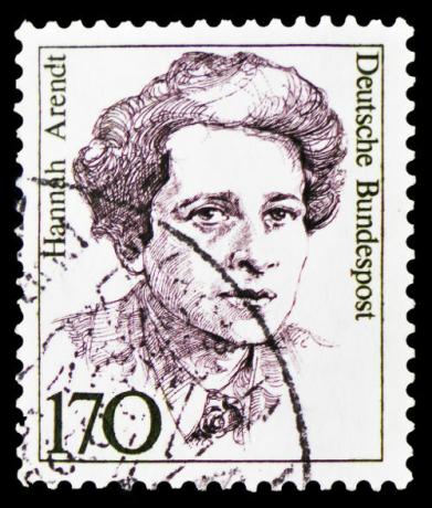 Stamp printed in Germany stamps the face of Hannah Arendt, who wrote the book Origins of Totalitarianism. [2]
