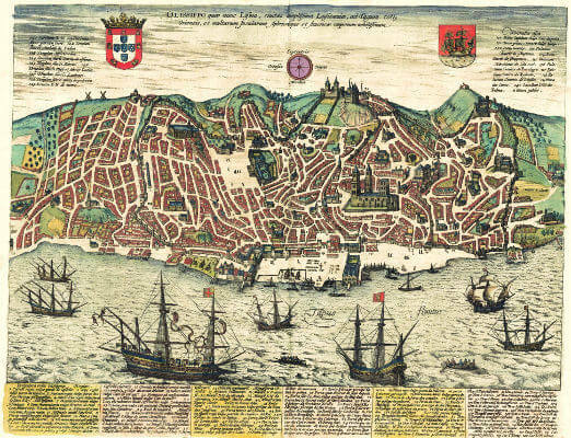 Карта на Лисабон от 1598 г. показва очертанията на улиците на града. Лисабон преди земетресението беше дезорганизиран и имаше тесни, криволичещи улици. **