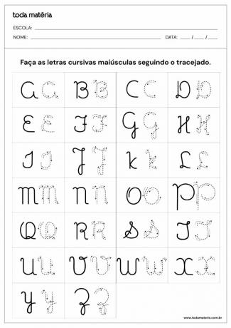 Stiplet aktivitetsark med store bogstaver i alfabetet i kursiv