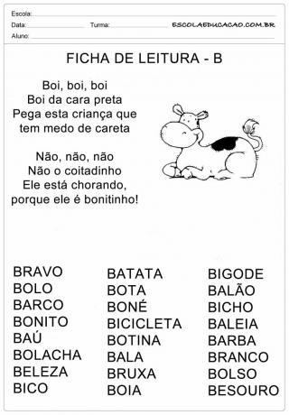 Hoja de lectura Letra B - Buey