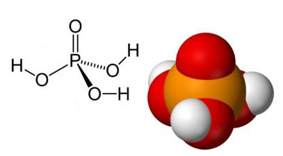 Vzorec kyseliny fosforečné, který se používá jak v nealkoholických nápojích na bázi lepidla, tak v čisticích prostředcích
