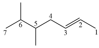 Struktura použitá při pojmenování uhlovodíku 5,6-dimethylhept-2-en, alken.