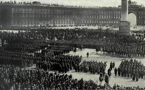 Troop gathering during the October Revolution. In the background is the Winter Palace in St. Petersburg
