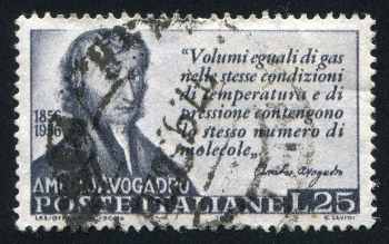 Stamp printed in Italy shows Amedeo Avogadro and the enunciation of his law, in 1956*