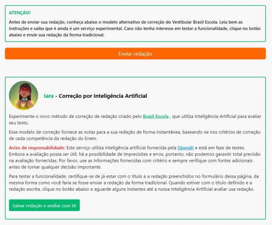 Halaman untuk memilih cara mengirim esai di Brasil Escola 