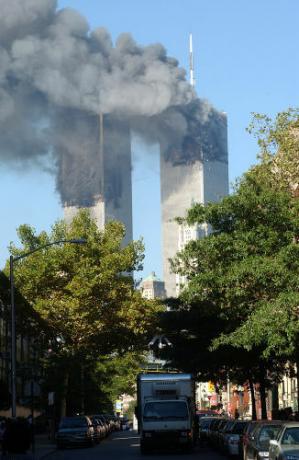 Twin Towers on fire during September 11th.**