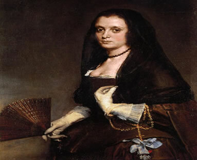 Ansikten till den spanska nationaliteten ”Lady with a fan”. Diego Velásquez (1599-1660) - Spanien