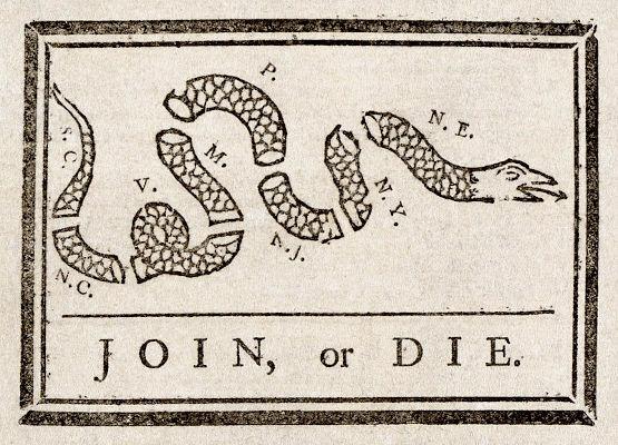 През 1754 г. на конгреса в Олбани Франклин предлага обединението на всички английски колонии в Северна Америка като форма на защита от французите. [1]