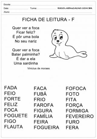 Hoja de lectura Letra F - Foca