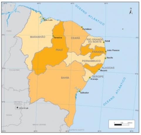 Severovýchodní region Brazílie zahrnuje devět států. (Zdroj: IBGE)
