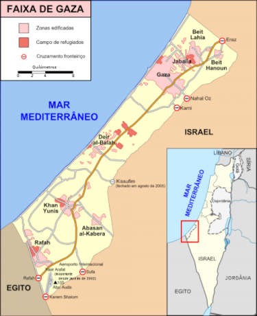 Išsamus Gazos ruožo žemėlapis ir jo vieta platesniame vaizde.