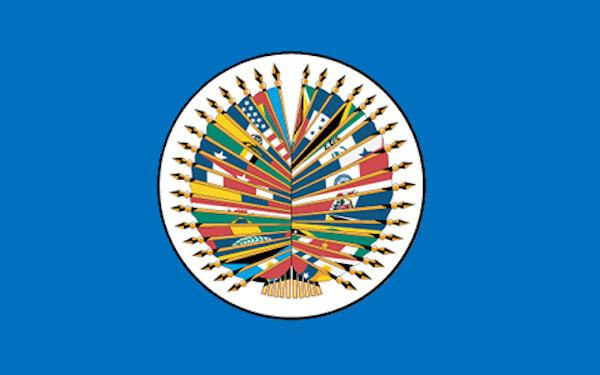 Bandera con el símbolo principal de la OEA, la estructura con las banderas de cada país miembro.